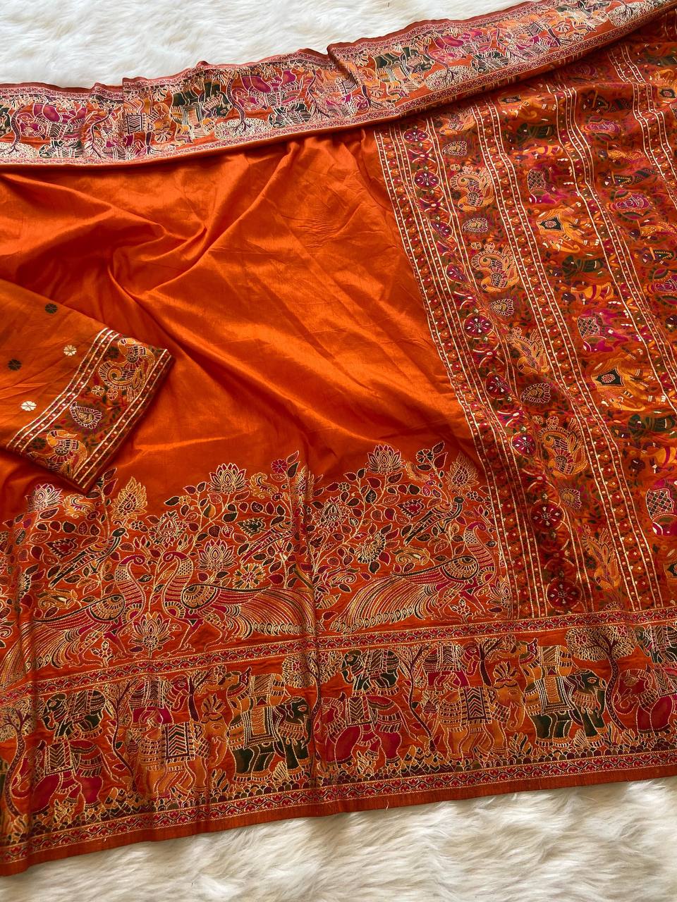 New latest Designer Orange Color Kashmiri Pashmina Silk Weaving Saree