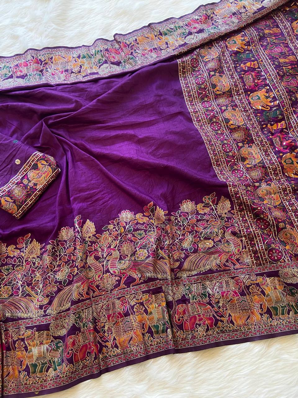 New latest Designer Purple Color Kashmiri Pashmina Silk Weaving Saree