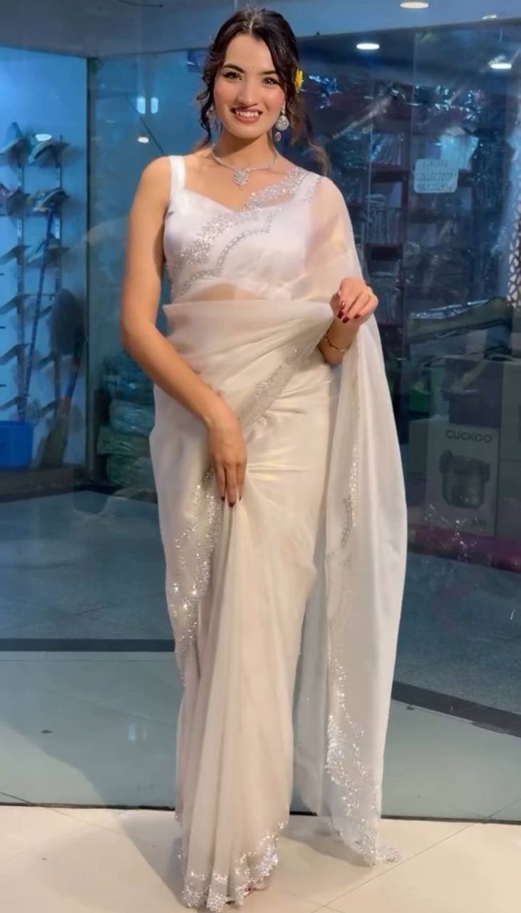New Diamond Panel White Color tissue silk saree With Unstich Blouse