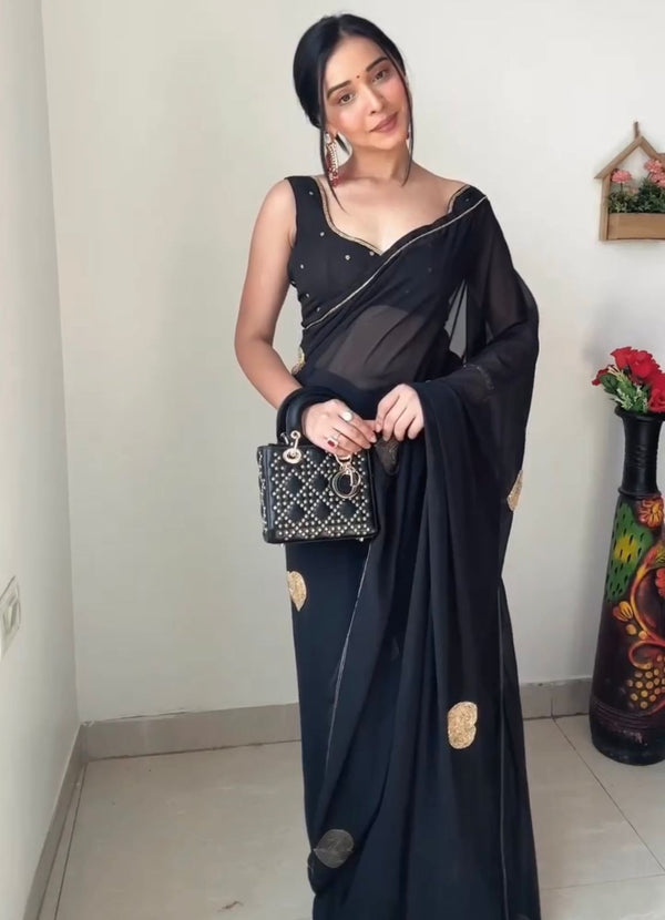 Gamthi Work Black Color Ready To Wear Saree With Un Stitched Blouse