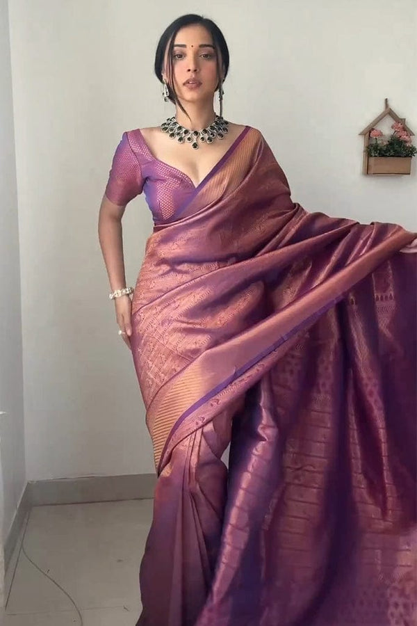 Purple Color Ready to Wear Soft Banarasi Silk Saree with Golden Zari Work