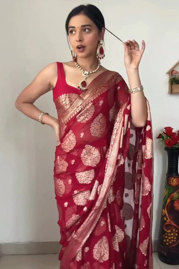 READY TO WEAR BANARASI SILK RED SAREE WITH BLOUSE