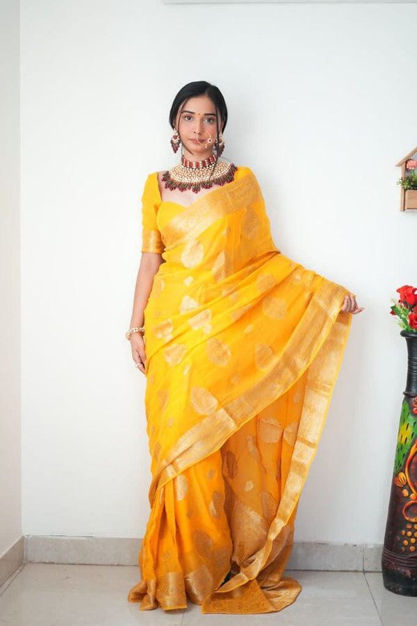 Ready To Wear Yellow Cotton Silk Saree