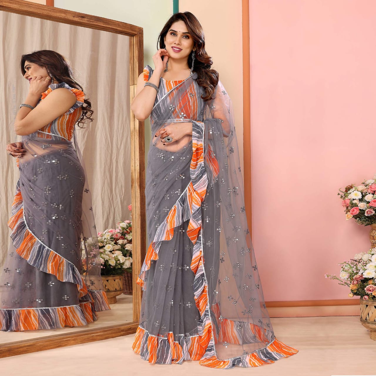 New Gray Color Mirror Work Embroidered Net Ruffle Saree With Unstiched Blouse