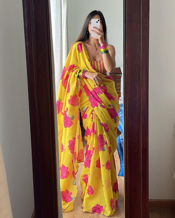 Yellow Color Beautiful Flower Design Digital Printed Satin Silk Saree With Unstitched Blouse