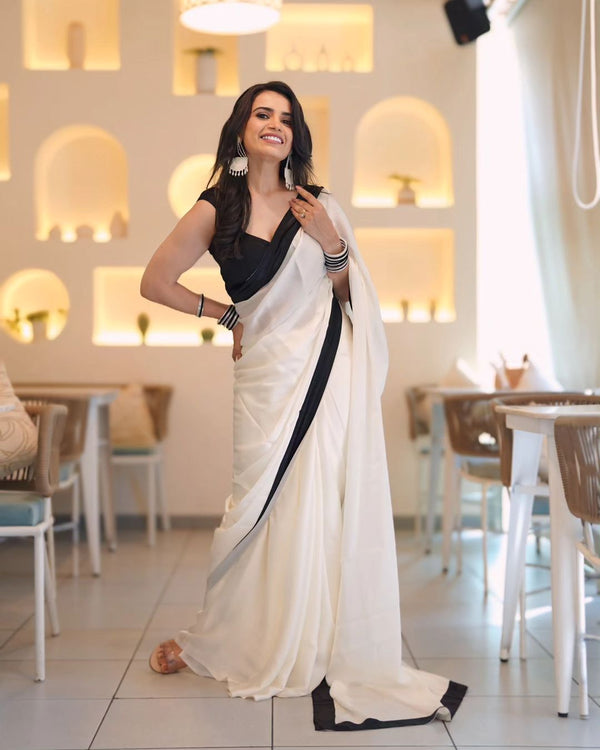 Off White Color With Black Lace Border Soft Satin Silk Saree