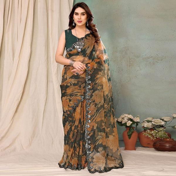 Dark Green Color Mirror Work Border Georgette Saree With Unstiched Blouse