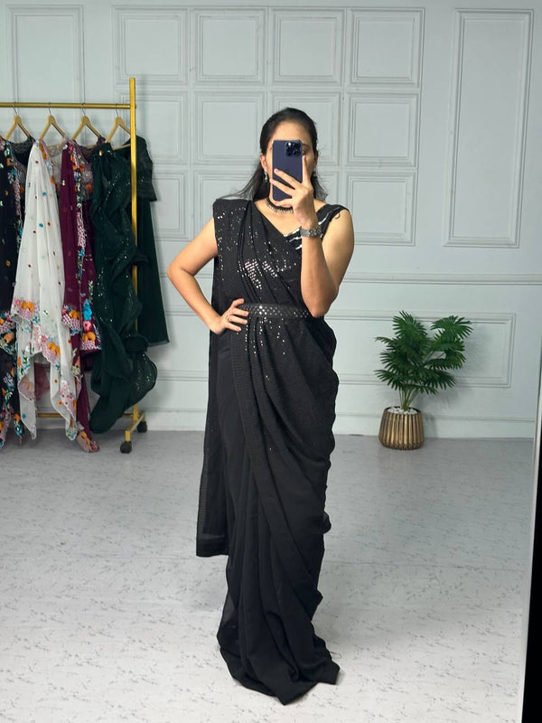 Ready To Wear Saree Black Color Embroidery Work