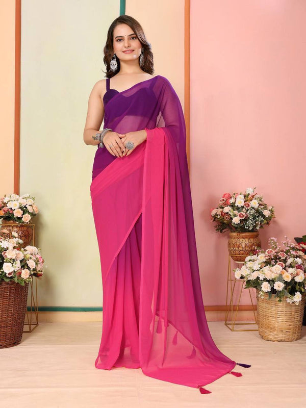 Pink And Purple Colour Ready To Wear Georgette Saree With Blouse Piece