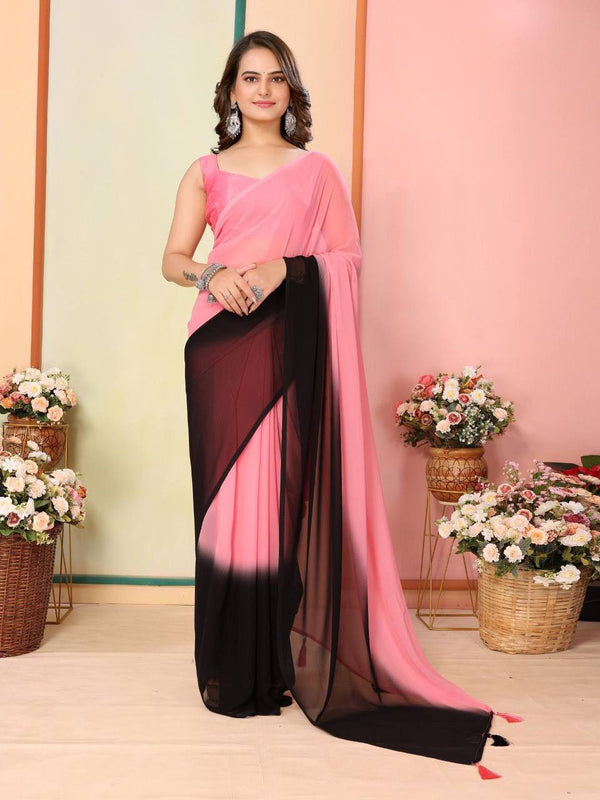 Calm Pink Colour Ready To Wear Georgette Saree With Blouse Piece