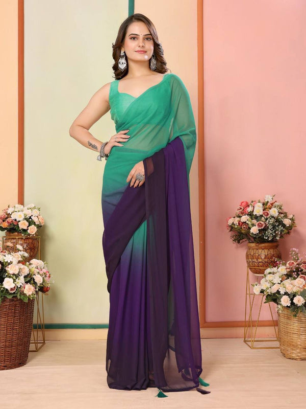 Green And Purple Colour Ready To Wear Georgette Saree With Blouse Piece