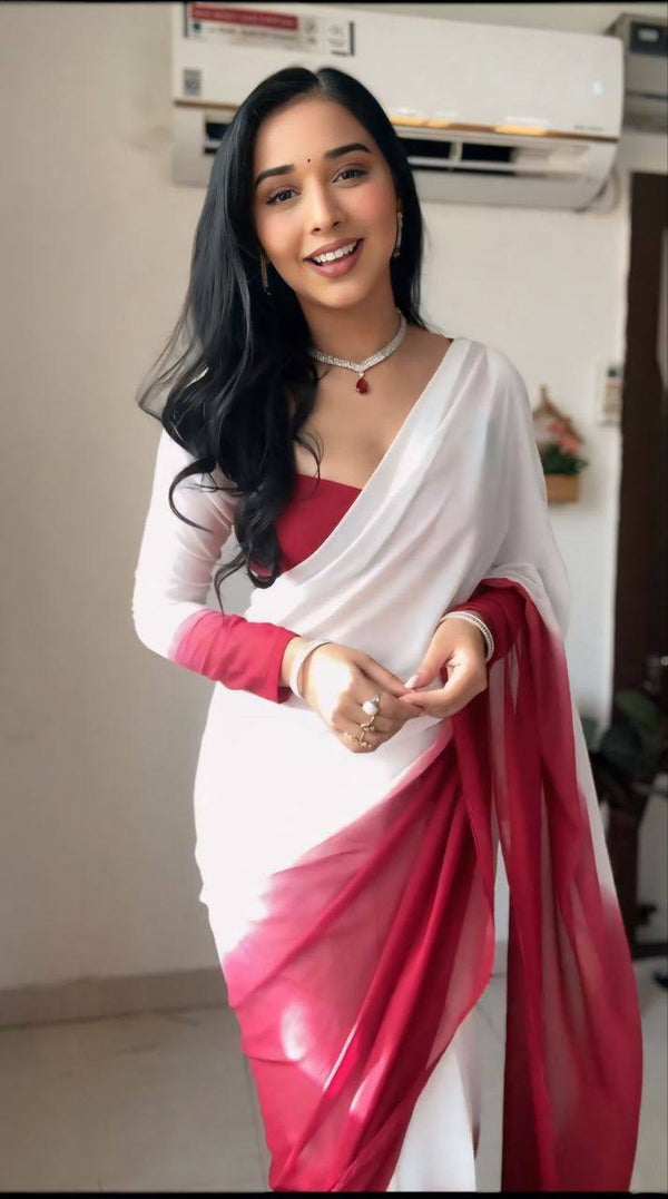 Ready To Wear White and Red Color Saree With Blouse Piece