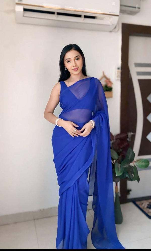 Ready To Wear Georgette Silk Plain Blue Color Saree With Blouse Piece