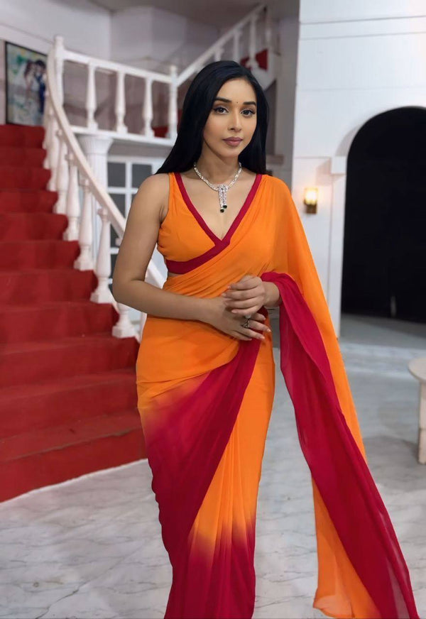 Ready To Wear Orange and Red Silk Plain Color Georgette Saree