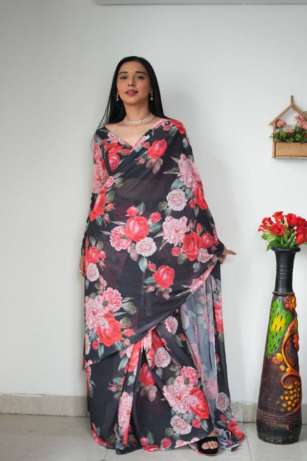 Black Color with pink color Rose design 1-Minute Ready To Wear Saree