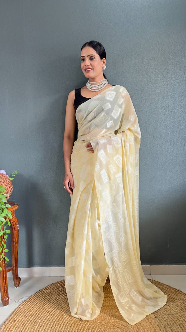 Light Yellow Color 1-Minute Ready To Wear Guchi Silk Saree With Blouse Piece