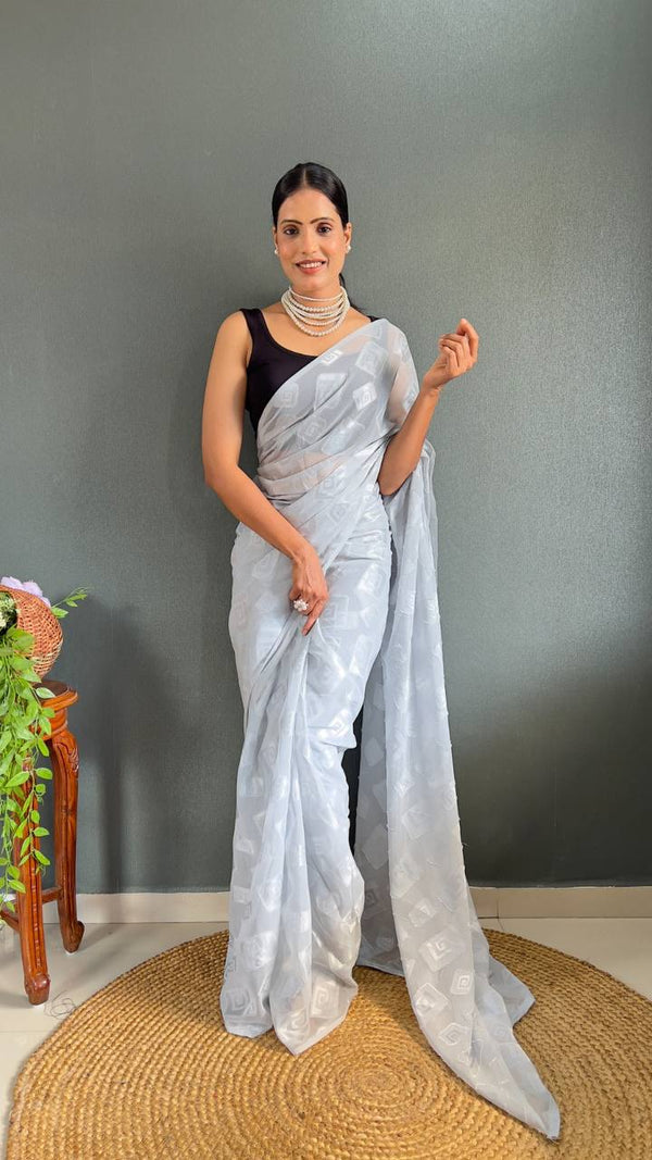 Light Blue Color Ready To Wear Guchi Silk Saree With Blouse Piece