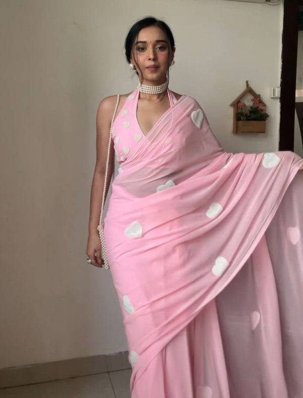 New Gamthi Work Pink Color Ready To wear Saree