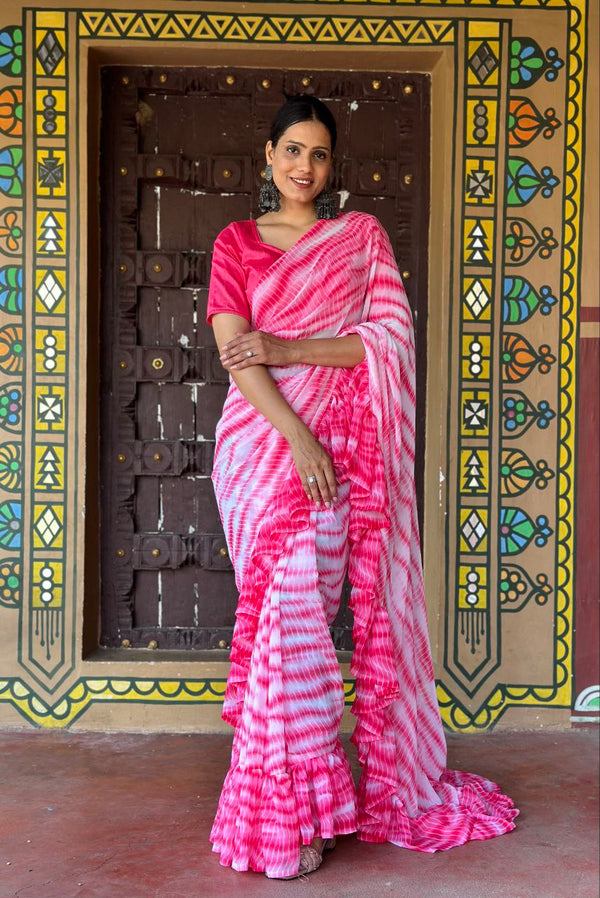 Ready to Wear Pink Color Designer Ruffle Saree in Heavy Fox Georgette With Unstiched Blouse