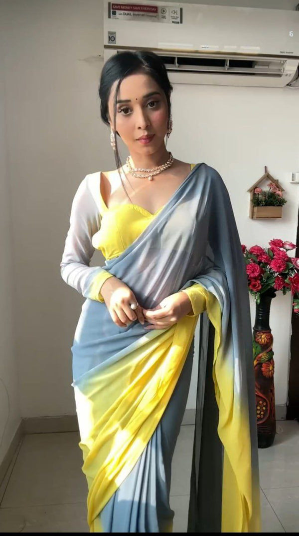 1 Minute Ready To Wear Alia Bhatt Saree Yellow Color With Unstiched Blouse