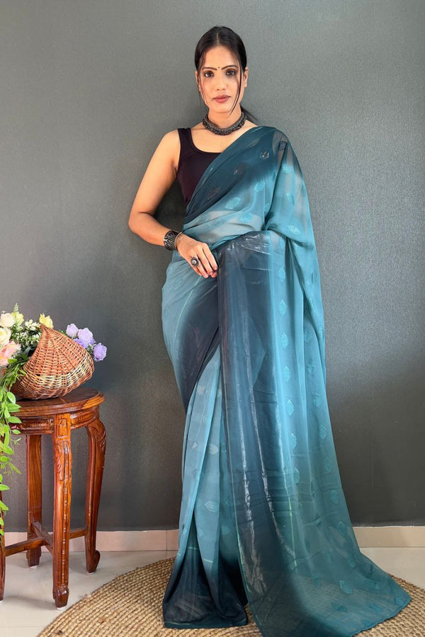 1-Minute Ready To Wear Sky Blue Color Saree With Blouse Piece