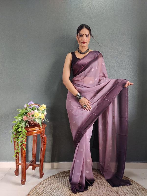 1-Minute Ready To Wear Light Purple Color Silk Saree With Blouse Piece