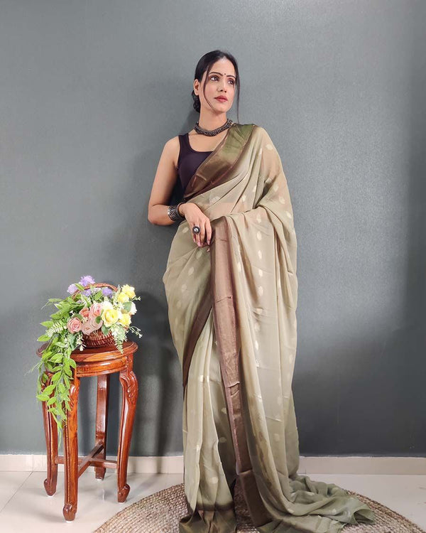 1-Minute Ready To Wear Cream Color Silk Saree With Blouse Piece