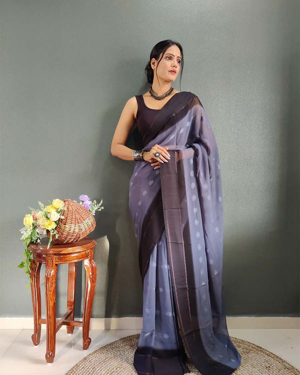 1-Minute Ready To Wear Blue Berry Color Silk Saree With Blouse Piece