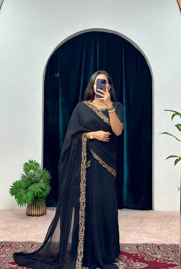 BLACK COLOR GOWN SAREE READY TO WEAR PREMIUM FAUX GEORGETTE WITH EMBROIDERY LACE