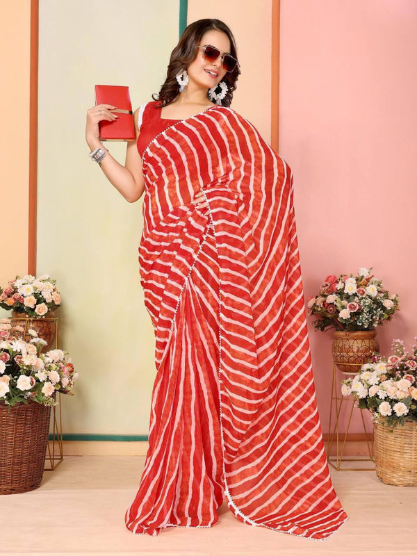 New Leheriya Print Red Color Ready To Wear Saree