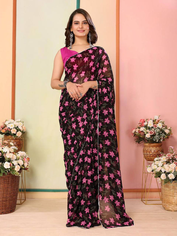 New Black Color Flowers Design Digital Print Design Ready To Wear saree