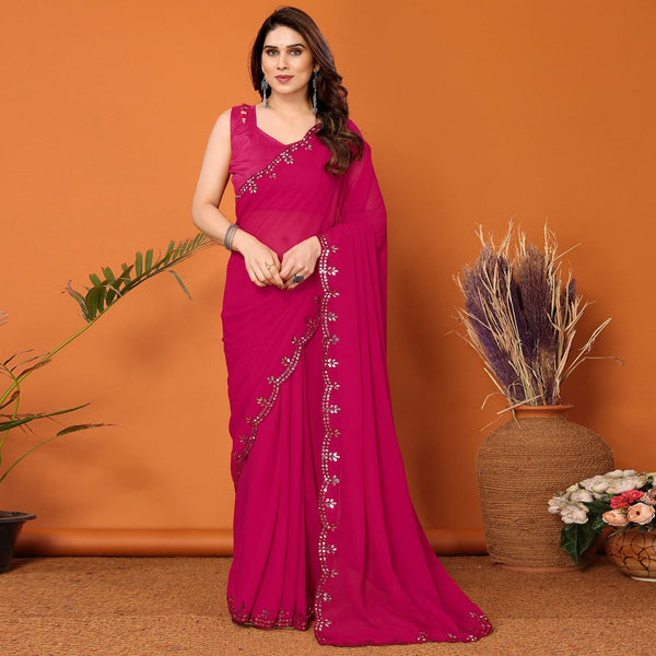 Pink Color Georgette Mirror Work Saree With UnStiched Blouse