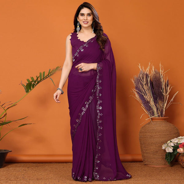 Purple Color Georgette Mirror Work Saree With UnStiched Blouse