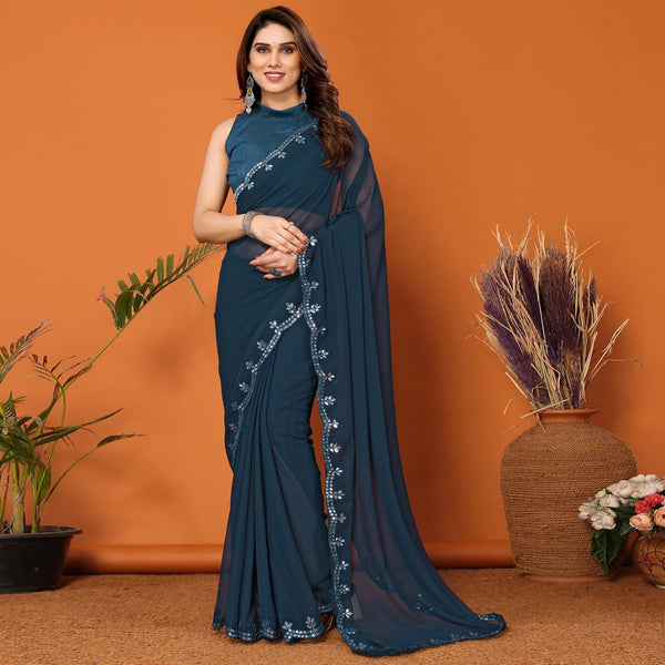 Teal Color Georgette Mirror Work Saree With UnStiched Blouse