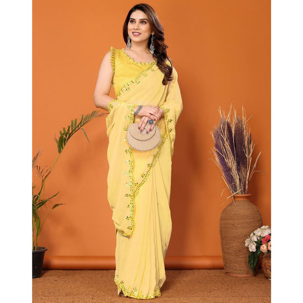 Yellow Color Georgette Mirror Work Saree With UnStiched Blouse