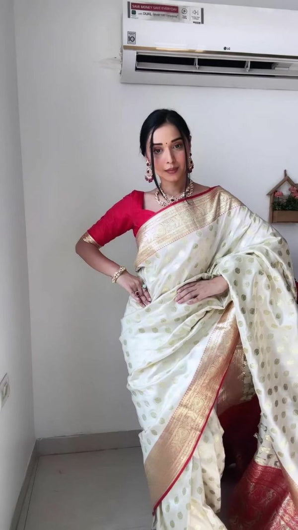 READY TO WEAR WHITE AND RED COLOR COTTON SILK SAREE