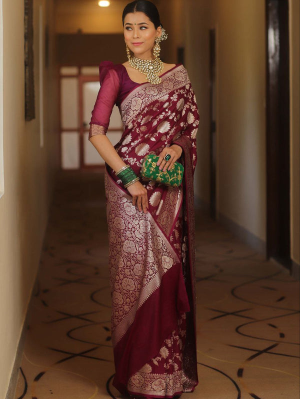 New Banarasi Silk With Silver Zari Work Maroon Color Saree