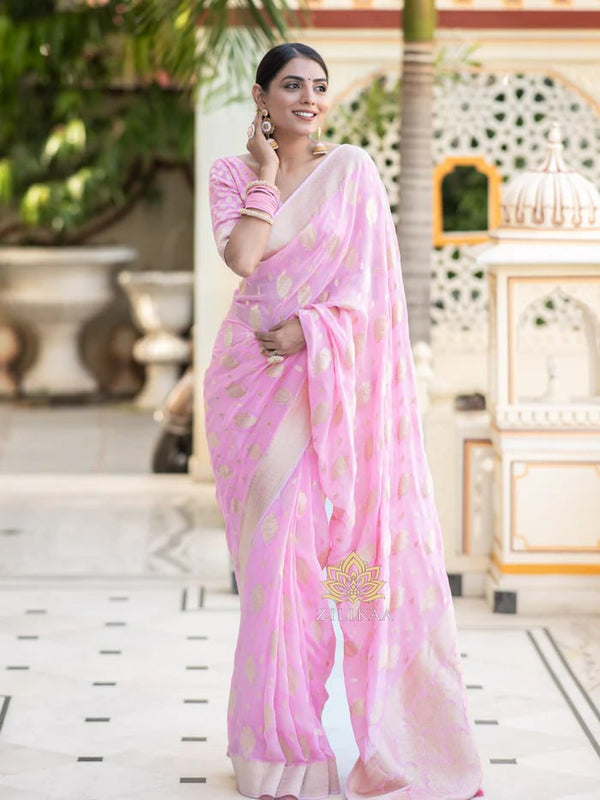 Latest Design Soft Banarasi Silk Calm Pink Color Saree with Golden Zari Work