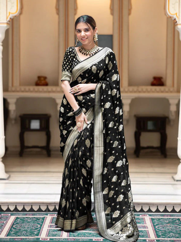 Latest Design Soft Banarasi Silk Black Color Saree with Golden Zari Work