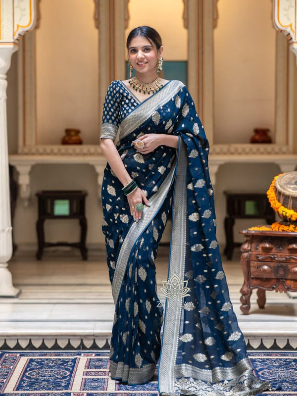 Latest Design Soft Banarasi Silk Navy Blue Color Saree with Golden Zari Work