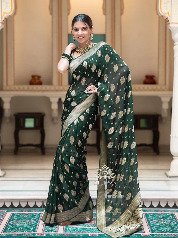 Latest Design Soft Banarasi Silk Calm Green Color Saree with Golden Zari Work