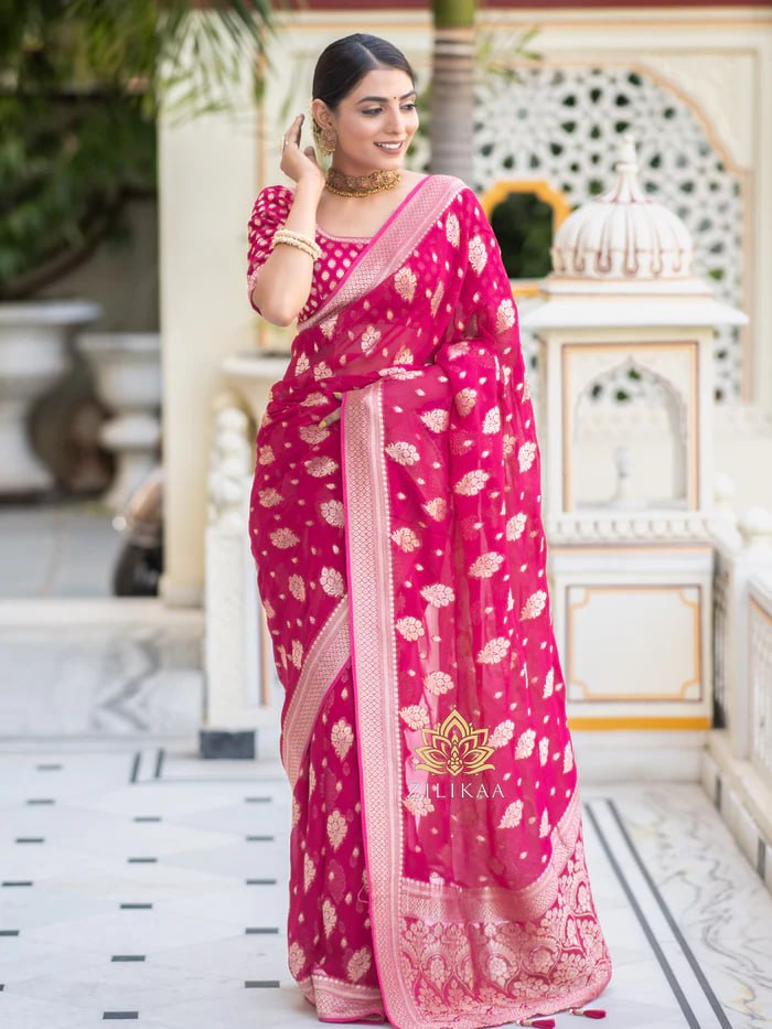 Latest Design Soft Banarasi Silk Pink Color Saree with Golden Zari Work