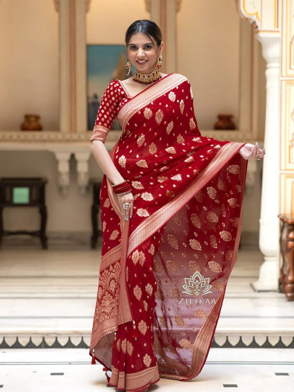 Latest Design Soft Banarasi Silk Red Color Saree with Golden Zari Work