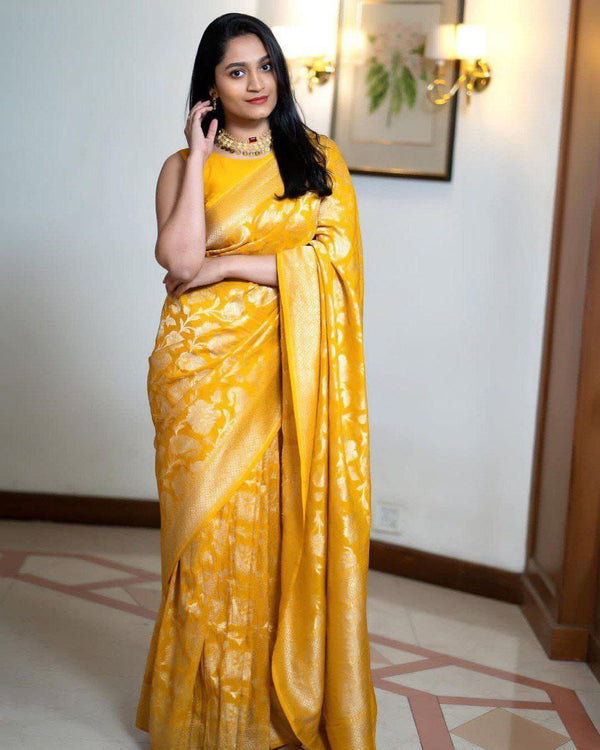 Yellow Color Soft Lichi Silk Jacquard Border Saree With Unstitch Blouse