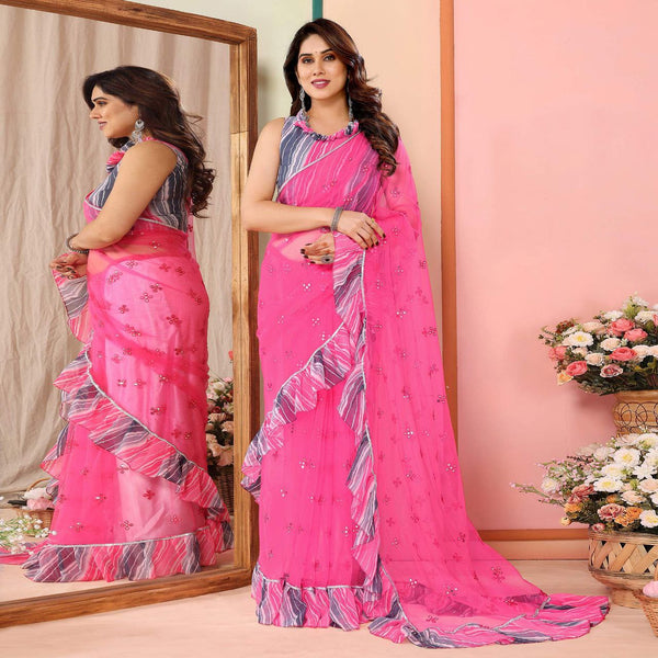 New Pink Color Mirror Work Embroidered Net Ruffle Saree With Unstiched Blouse