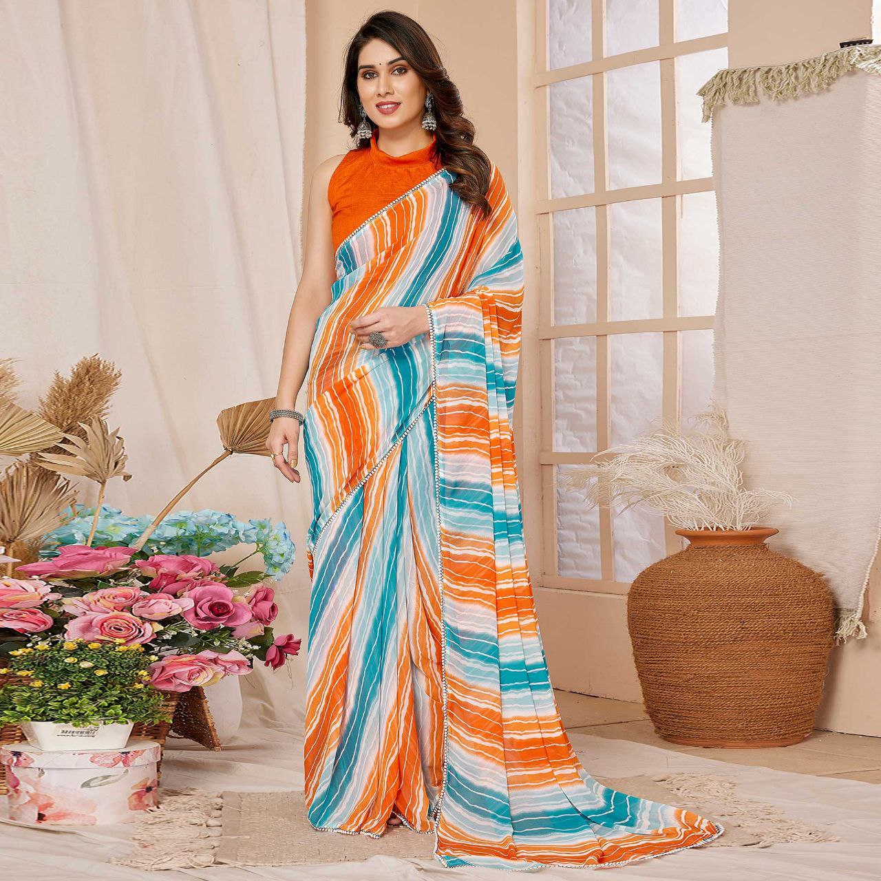 Ready To Wear New Orange & Sky Blue Color Printrd Georgette Saree