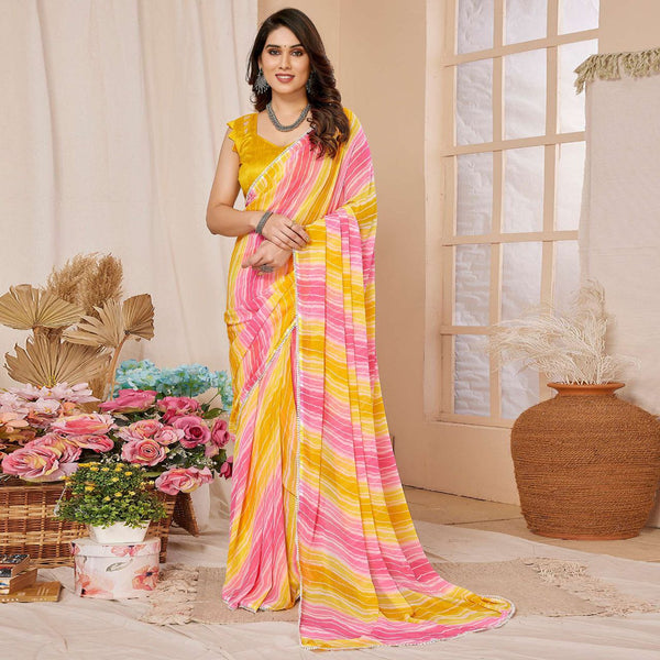 Ready To Wear New Yellow & Pink Color Printrd Georgette Saree