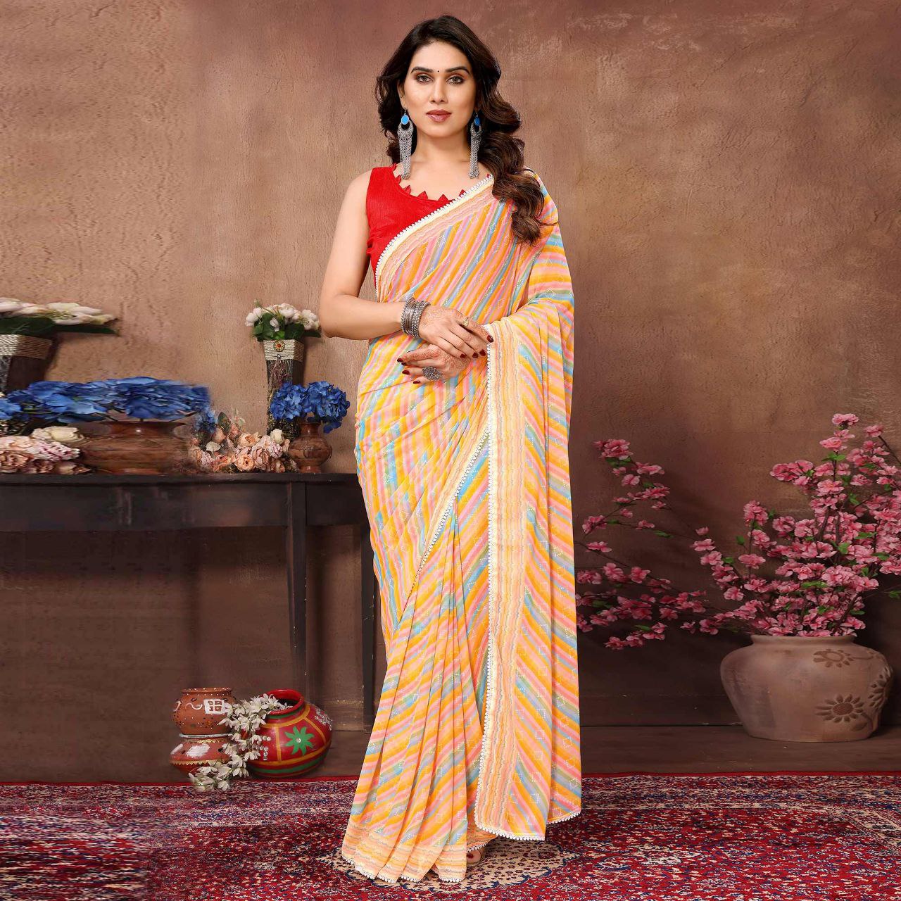 Ready To Wear New Yellow Color Printrd Georgette Saree