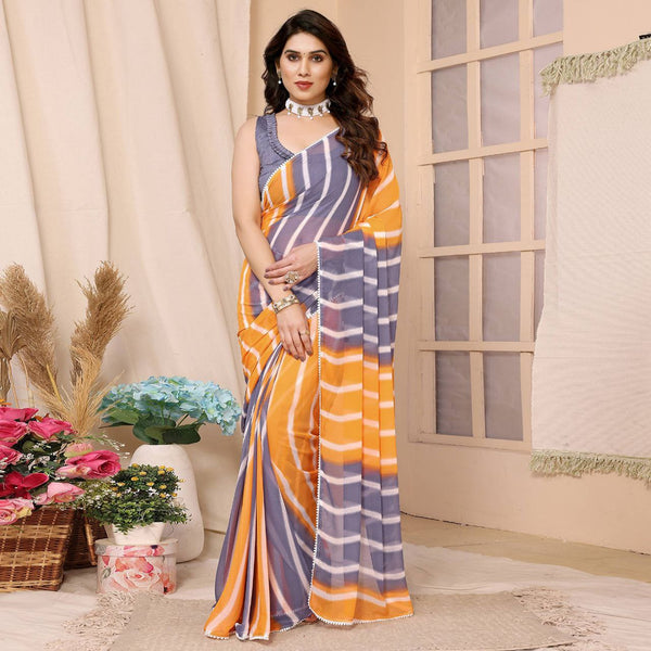 Ready To Wear New Mustard & Gray Color Printrd Georgette Saree