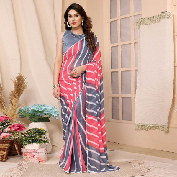 Ready To Wear Pink & Gray Color Laheriya Printrd Georgette Saree